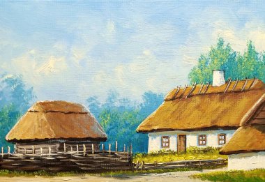 Petrol resimleri, eski köy, kırsal kesimdeki ev. Güzel sanatlar.