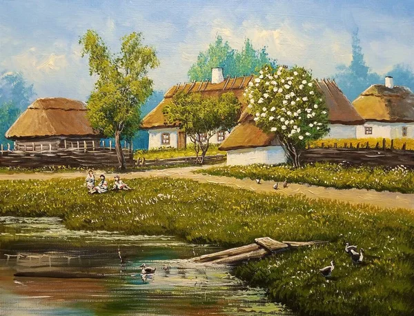 Пейзаж Маслом Старая Деревня Сельский Дом Сельской Местности Изобразительное Искусство — стоковое фото