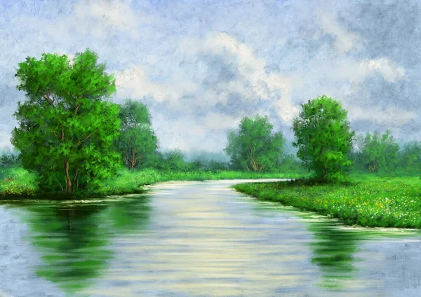 Digitale Ölbilder Landschaft Landschaft Mit Fluss Und Himmel Schöne Kunst — Stockfoto