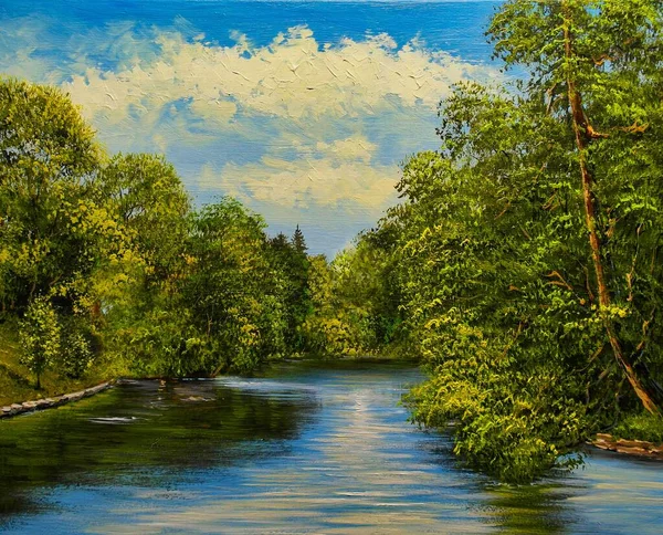 油絵の風景です 森の中の川 春の風景 — ストック写真