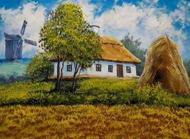 Yağ tabloları kırsal arazi, kırsal kesimde eski bir ev. Güzel sanatlar