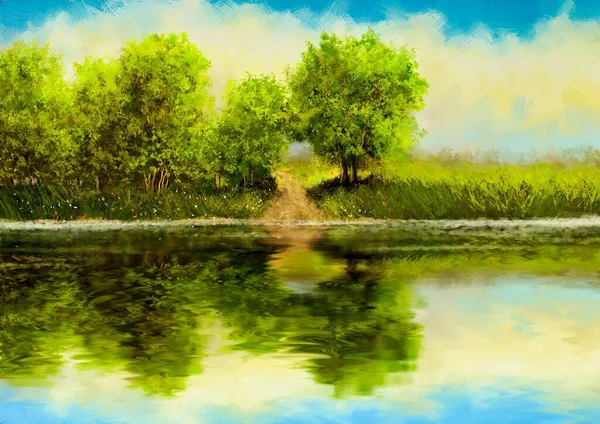 Oil Paintings Summer Landscape Lake Forest — Stock Photo, Image