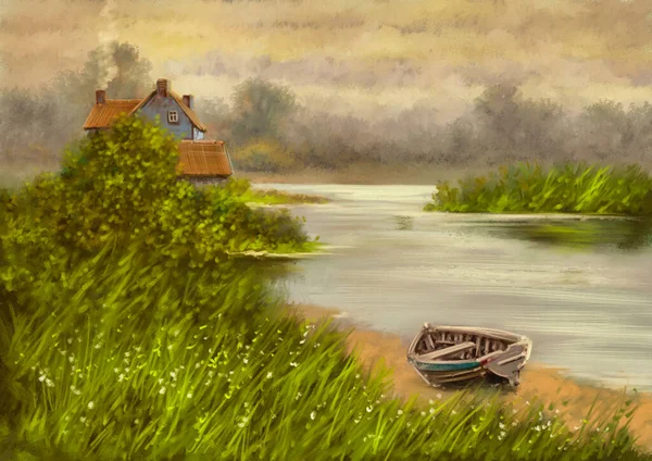 Oljemålningar Landsbygdslandskap Morgon Floden Konst — Stockfoto