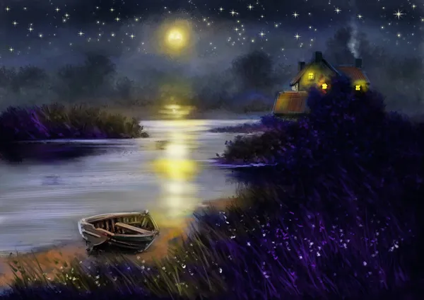 Digitale Olieverfschilderijen Landelijk Landschap Met Een Huis Maan Nacht Het — Stockfoto