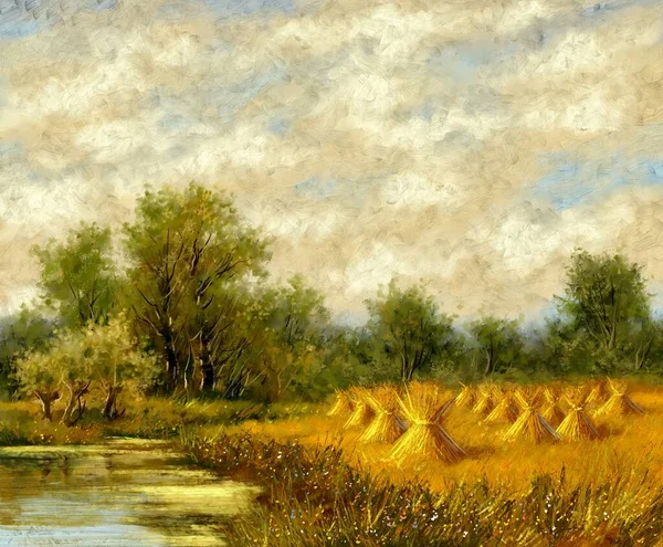 Digitale Olieverfschilderijen Landelijk Landschap Zomer Het Veld Zonsondergang Het Platteland — Stockfoto