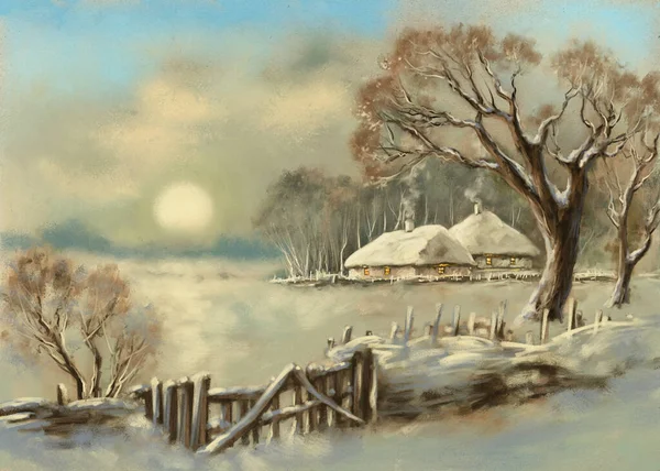 Ψηφιακές Ελαιογραφίες Αγροτικό Τοπίο Παγωμένο Χωριό Χειμώνα Δέντρα Στο Χιόνι — Φωτογραφία Αρχείου