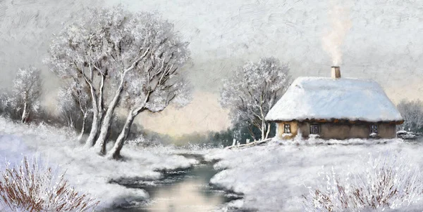 Χειμερινές Ζωγραφιές Αγροτικό Τοπίο Χιόνι Σκεπασμένο Σπίτι Τοπίο Χιόνι — Φωτογραφία Αρχείου