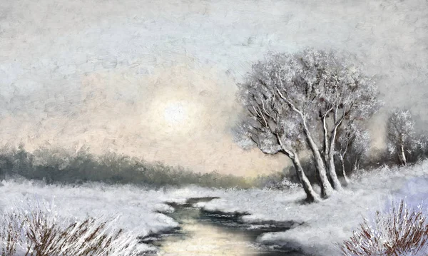 Pinturas Invierno Paisaje Rural Con Nieve Río Congelado Invierno — Foto de Stock