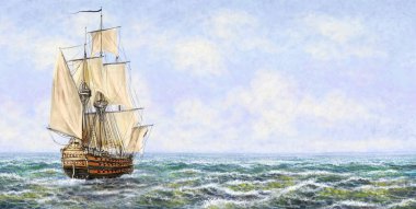 Denizde eski bir gemi. Dijital yağlı boya tabloları deniz manzarası. Güzel sanatlar, sanat eserleri