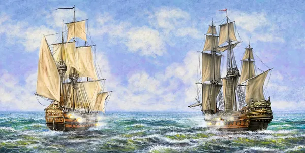 Bataille Navale Cuirassé Vieux Navires Sur Mer Peintures Huile Numérique — Photo