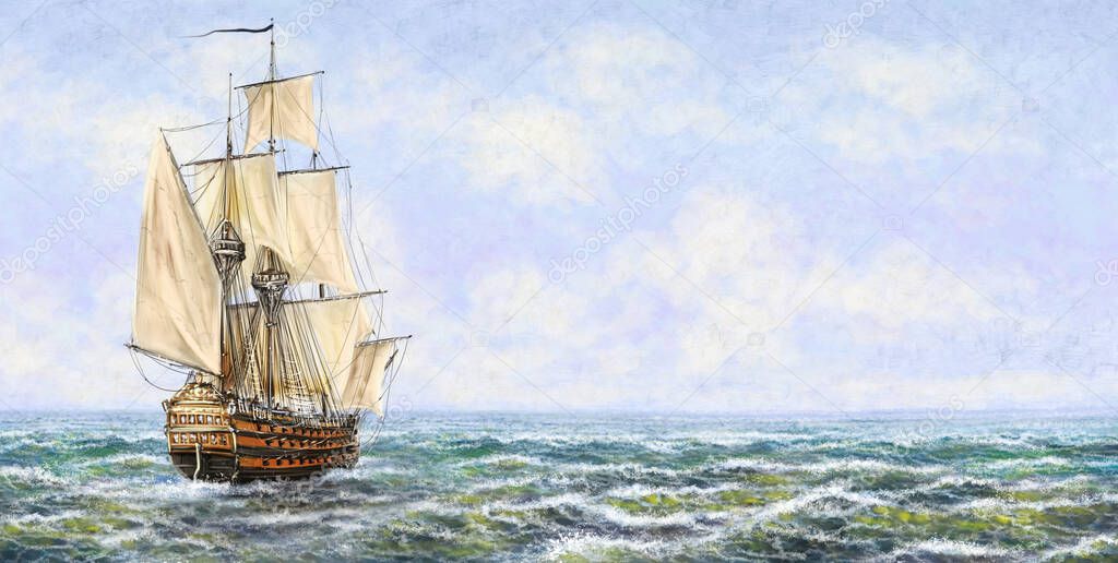 Old ship on the sea. Digital oil paintings sea landscape. Fine art, artwork