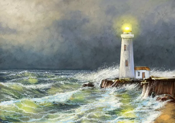 Phare Sur Côte Mer Peintures Paysage Beaux Arts — Photo