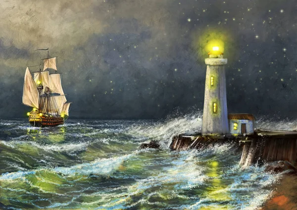 Digitale Ölgemälde Meereslandschaft Bildende Kunst Leuchtturm Strand Himmel Mit Sternen — Stockfoto