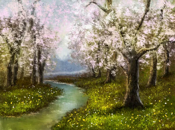 Cyfrowe Obrazy Olejne Krajobraz Wiosna Parku Kwitną Wiosną Sztuka Piękna — Zdjęcie stockowe