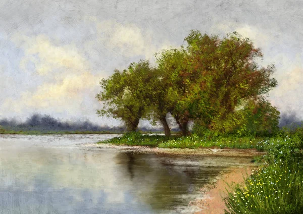 Ölgemälde Ländliche Landschaft Fluss Wald Baum Wasser Schöne Kunst — Stockfoto