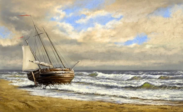 Digital Oil Paintings Sea Landscape Old Boat Sea Royalty Free Stock Images