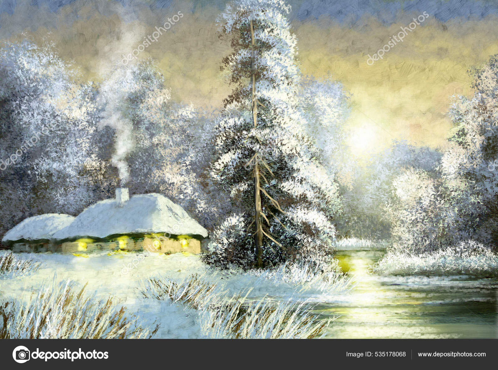 油絵農村風景 古い村 雪と風景です 雪に覆われた木々 冬の冬の森 油絵農村風景 古い村 雪と風景です 雪に覆われた木々 冬の冬の森