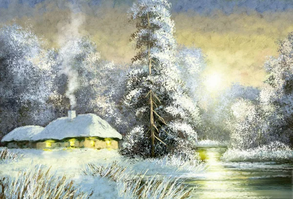 油絵農村風景 古い村 雪と風景です 雪に覆われた木々 冬の冬の森 — ストック写真