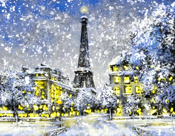 Ölgemälde Landschaft Winter Der Stadt Eiffelturm Bei Nacht — Stockfoto