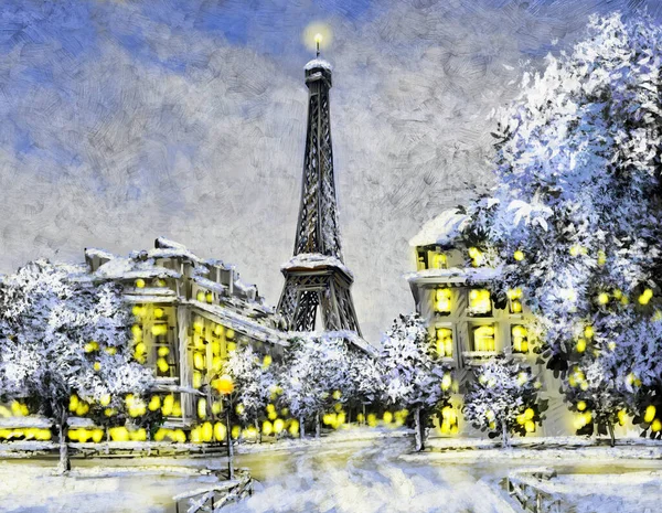 油絵の風景 街の冬 夜のエッフェル塔 — ストック写真