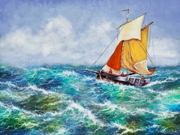 Belle Arti Paesaggio Marino Dipinti Pescatore Barca Vela Sul Mare — Foto Stock