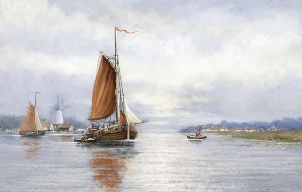 Vissersboten Olieverf Zeelandschap Mooie Kunst Zeilboot Haven Zeelandschap Schilderijen Visser — Stockfoto