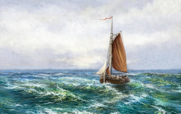 Sailing Ship Sea Fishing Boats Oil Painting Sea Landscape Fine — стоковое фото