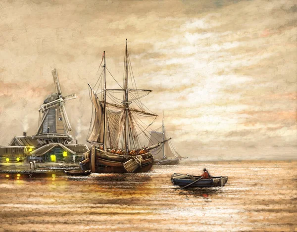Картины Маслом Морской Пейзаж Старый Корабль Море Старый Деревянный Корабль — стоковое фото