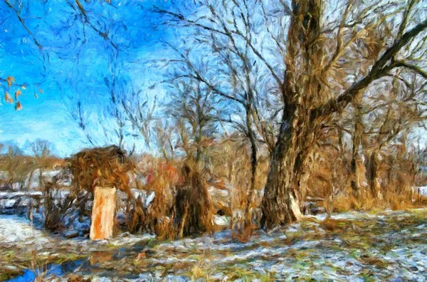 油画冬天的风景 树上的雪 树上的森林 艺术品 — 图库照片