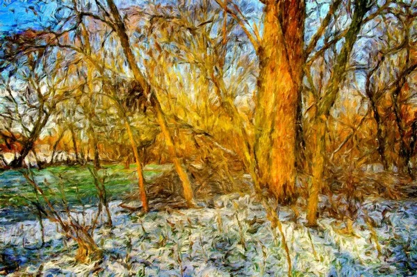 Pinturas Óleo Paisaje Invernal Árboles Nieve Árboles Bosque Bellas Artes —  Fotos de Stock