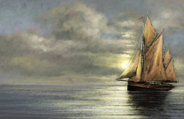 Fishing Boats Oil Painting Sea Landscape Fine Art Sailing Boat — Foto Stock