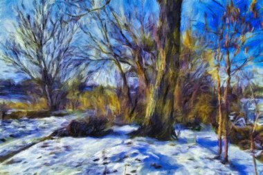 Kış başyapıtı. Yağlı boya resimleri kış manzarası, kardaki ağaçlar, ormandaki ağaçlar. Güzel sanatlar, sanat eserleri