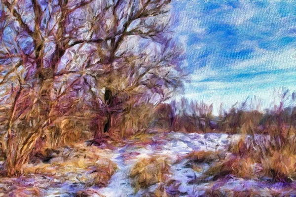 冬天的杰作油画冬天的风景 树上的雪 树上的森林 艺术品 — 图库照片