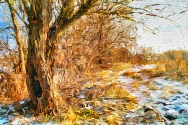 冬の名作 油絵冬の風景 雪の中の木 森の中の木 美術品美術品 — ストック写真