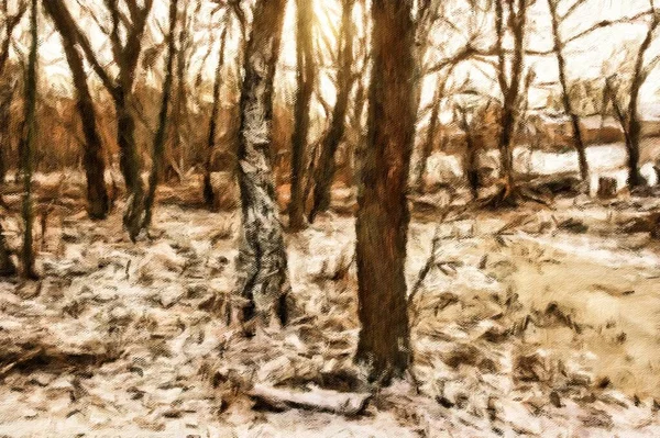 冬の名作 油絵冬の風景 雪の中の木 森の中の木 美術品美術品 — ストック写真