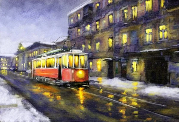 Oil Paintings Landscape Old Tram Old City Fine Art Masterpieces — Stock Photo, Image