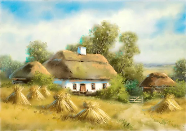 Watercolor Paintings Rural Landscape Old House Village Fine Art Artwork — Zdjęcie stockowe