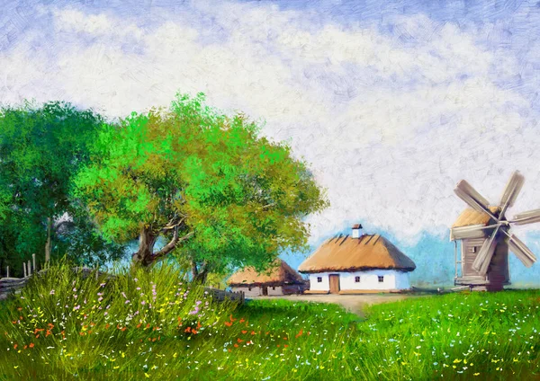 Oil Paintings Rural Landscape Old Village Landscape Windmill — Zdjęcie stockowe