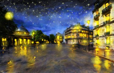 Oil paintings landscape, fine art. Night street with burning lanterns. Old street at night. Lights of night city, view of the old town