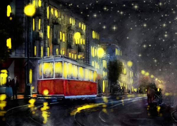 Oil Paintings Landscape Old Tram City Night City — Stockfoto