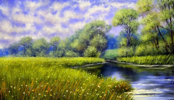川と風景 油絵夏の風景 アートワーク — ストック写真