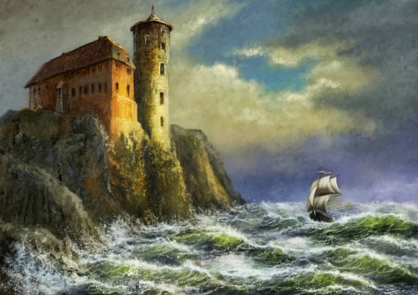 Ölgemälde Landschaft Bildende Kunst Burg Den Bergen Meereslandschaft Mit Segelschiff — Stockfoto
