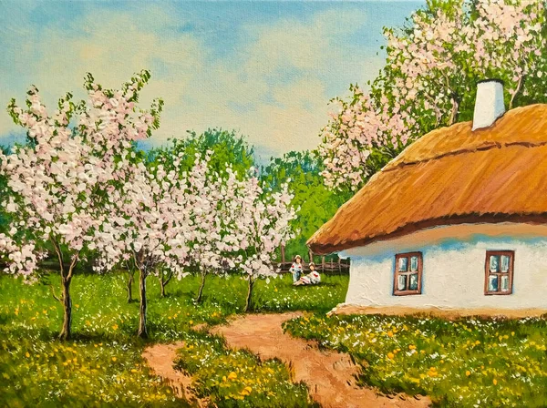 Pinturas Óleo Primavera Paisagem Casa Jardim Casa Rural Campo Obra — Fotografia de Stock