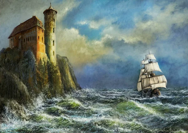 油絵の風景 美術品 山の中で城 航海船と岩の上の城と海の風景 — ストック写真