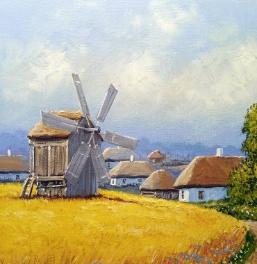 Картина, постер, плакат, фотообои "картины маслом сельский пейзаж, мельница в поле пшеницы, пейзаж с домом на заднем плане пейзаж", артикул 545535180