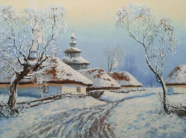 Ölgemälde Ländliche Landschaft Landschaft Mit Schnee Landschaft Mit Kirche Winter — Stockfoto