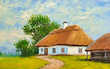 Yağ tabloları kırsal alan, güzel sanatlar, ormandaki ev.