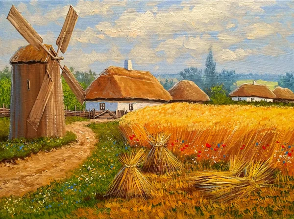 Peintures Huile Paysage Rural Beaux Arts Paysage Avec Moulin Vent — Photo