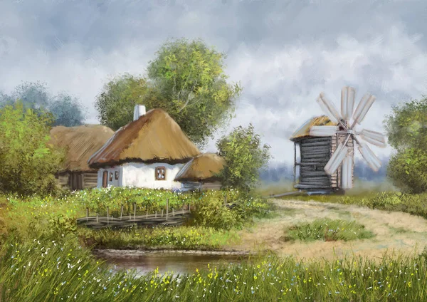 Digitala Oljemålningar Landsbygd Landskap Gamla Väderkvarn Byn Landet Ukraina Konst — Stockfoto