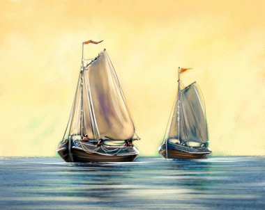 Dijital yağlı boya tabloları deniz manzarası, denizde gemiler, gün batımında gemiler.